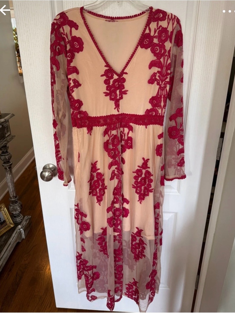 Chicwish Cream Midi Dress with Red Floral Embroidery